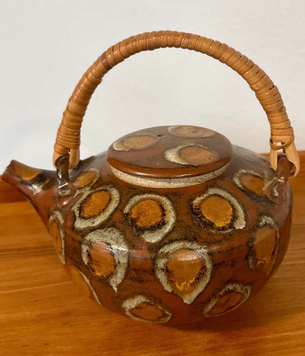 Vintage Hand-Painted Studio Pottery Teapot with Woven Rattan Handle
